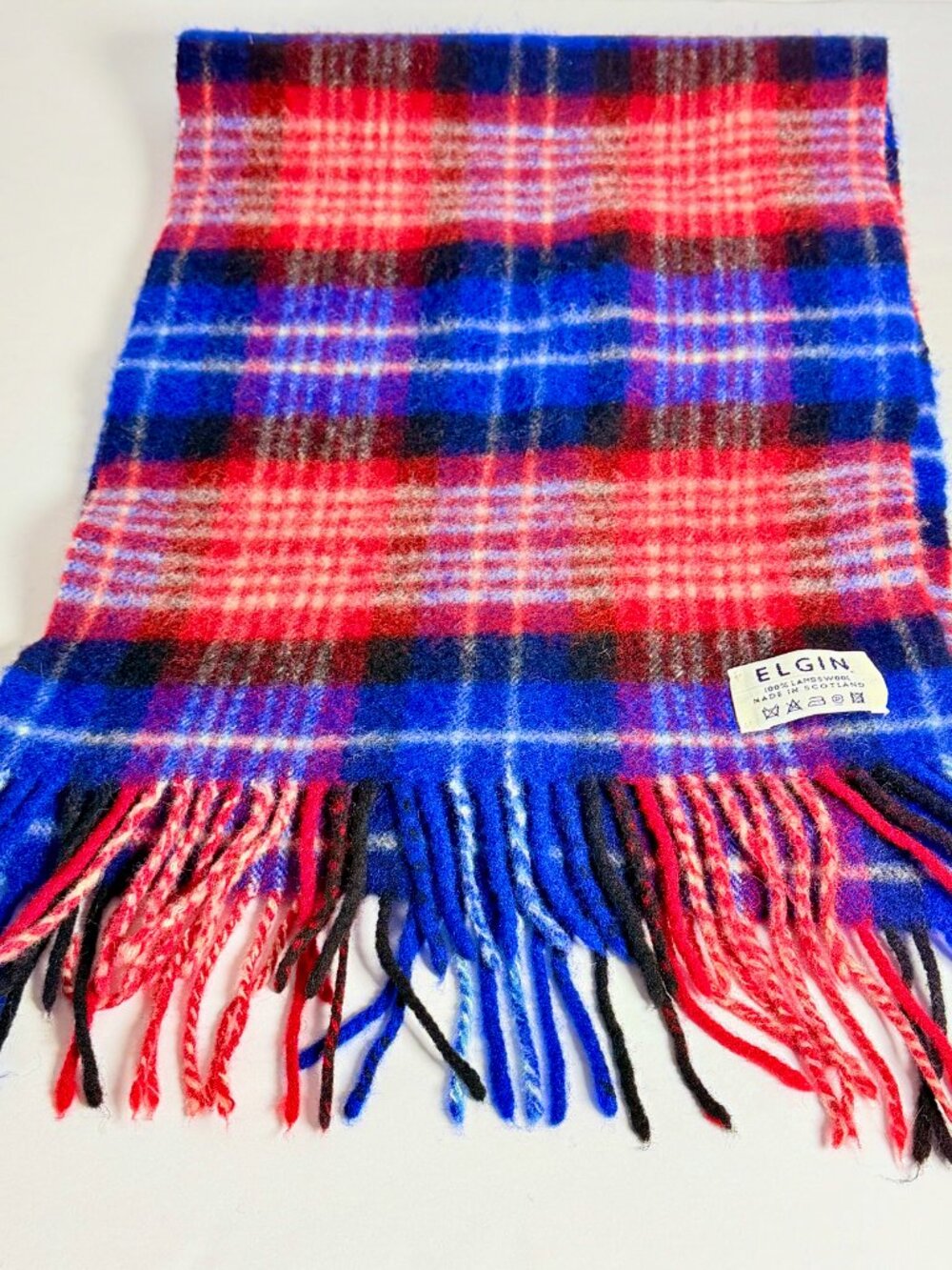 Vintage ELGIN 100% Lambswool Scarf Red Blue Plaid Fringe Made in Scotland 60"